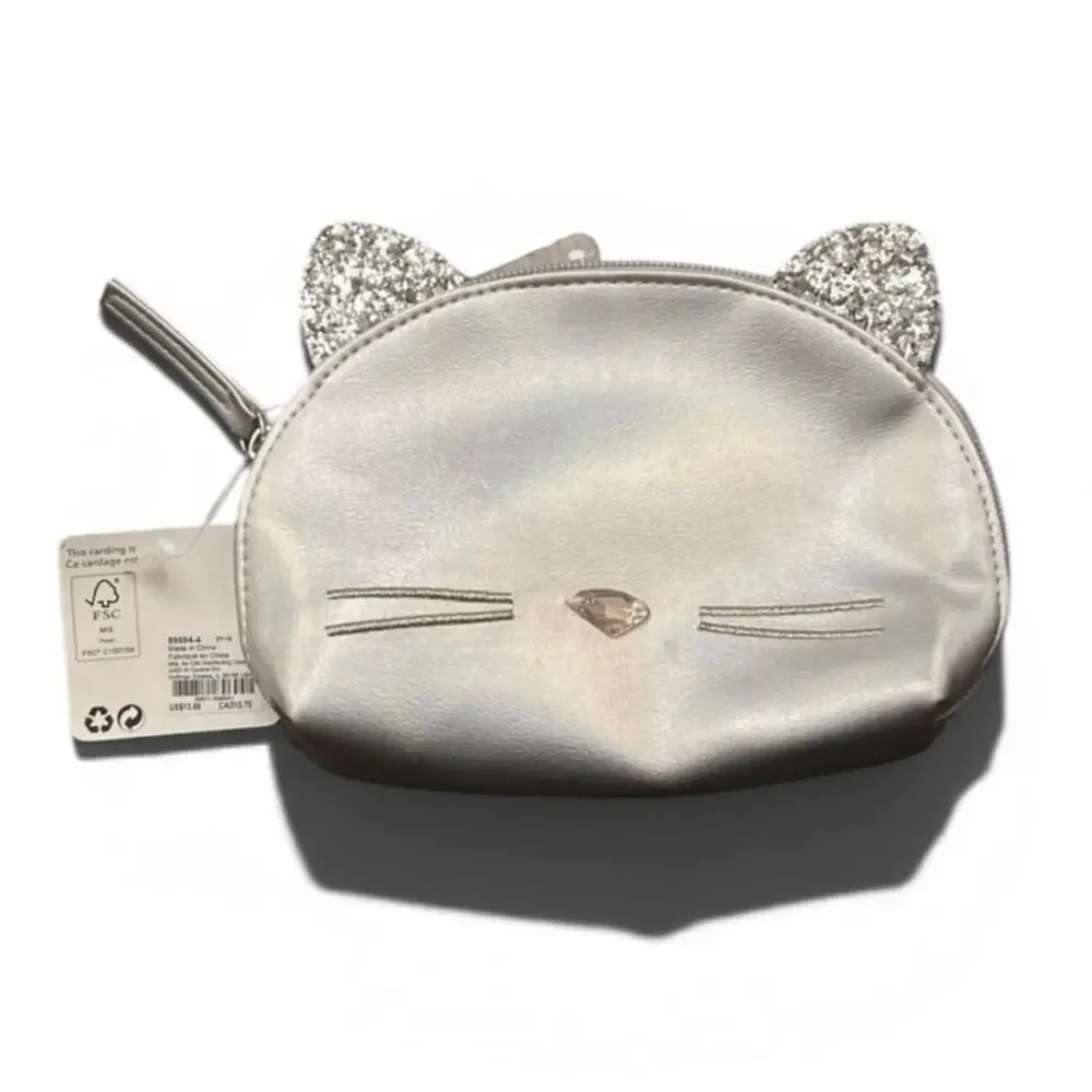 NWT Silver Iridescent Kitty Cat Makeup Bag Pouch Glitter Ears Cosmetic Case DIY